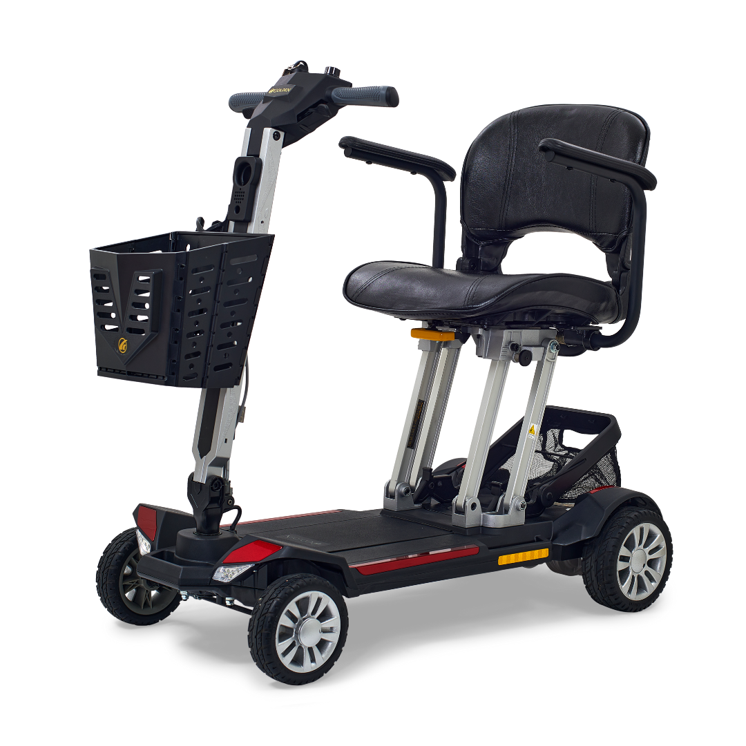 Golden Buzzaround Carry-On Folding Airline Approved Travel Scooter - Velvet Red and Coastal Blue